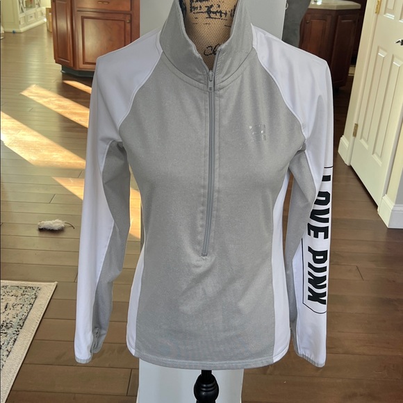 PINK Victoria's Secret Tops - PINK Victoria's Secret Women's Gray and White Quarter-Zip Top small